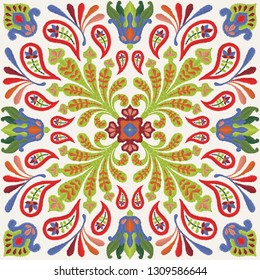 Vector seamless decorative floral embroidery pattern, ornament for textile, kerchief, pillow or handbag decor. Bohemian handmade style background design.