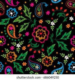 Vector seamless decorative floral embroidery pattern, ornament for textile decor. Bohemian handmade style background design.