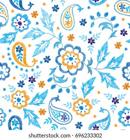 Vector seamless decorative floral embroidery pattern, ornament for textile decor. Bohemian handmade style background design.