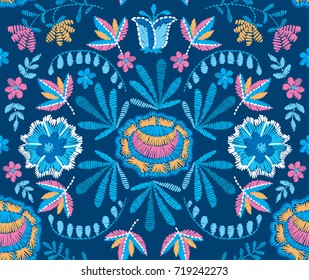 Vector seamless decorative floral embroidery pattern, ornament for textile decor. Bohemian handmade style background design.