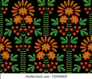 Vector seamless decorative floral embroidery pattern, ornament for textile wallpaper decor. Bohemian handmade style background design.