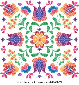 Vector seamless decorative floral embroidery pattern, ornament for textile decor. Bohemian handmade style background design.