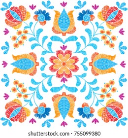 Vector seamless decorative floral embroidery pattern, ornament for textile, kerchief, pillow or handbag decor. Bohemian handmade style background design.