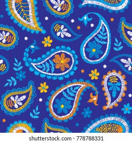 Vector seamless decorative floral embroidery pattern, ornament for textile decor. Bohemian handmade style background design.