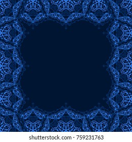 Vector seamless decorative frame from blue snowflakes on dark background. Greeting invitation card for Christmas, New Year