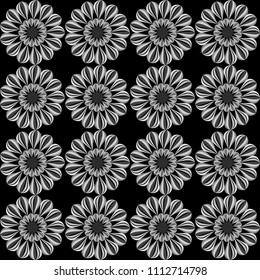 Vector seamless decorative monochrome pattern on a black background gray white flowers