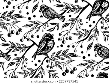 Vector seamless decorative pattern with birds and rowan berries on branches. Black tracery texture with bullfinches in the bushes on white background. Folk art backdrop for wallpapers and fabrics