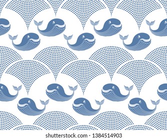 Vector seamless decorative pattern from dark blue cartoon whale silhouette and fountain from water drops on a white background. Shower curtain print, nautical wallpaper, batik paint, wrapping paper 