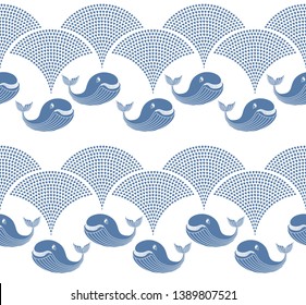 Vector seamless decorative pattern from dark blue cartoon whale silhouette and fountain from water drops on a white background. Shower curtain print, nautical wallpaper, batik paint, wrapping paper 