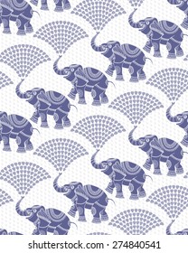 Vector seamless decorative pattern from dark blue elephant silhouette with ethnic ornaments and fountain from water drops. White background from dense light grey rain drops