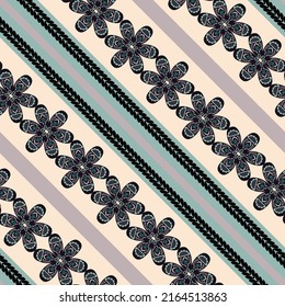 Vector seamless decorative pattern for design of fabric, scarves, wallpaper, wrapping paper. Black stitching, stylized flowers, ethnic diagonal pattern.