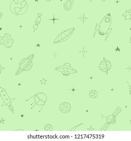 Vector seamless decorative pattern with elements of space illustration, doodle style, hand drawn design 