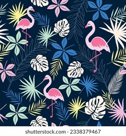 Vector seamless decorative pattern with flamingo birds and tropical flower and leaves.