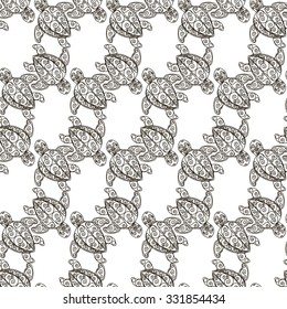 Vector seamless decorative pattern. Hand drawn turtle tribal background.