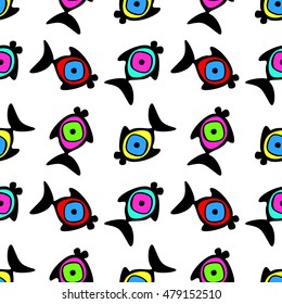Vector seamless decorative pattern with hand drawn fish. Endless colorful background. Template for wrapping, fabric, cover. Series of hand drawn decorative seamless patterns.