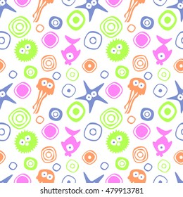 Vector seamless decorative pattern with hand drawn fish, starfish, octopus. Endless colorful background. Template for wrapping, fabric, cover. Series of hand drawn decorative seamless patterns.