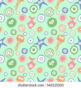 Vector seamless decorative pattern with hand drawn fish, starfish, octopus, circle, dots Endless green background Template for wrapping, fabric, cover.