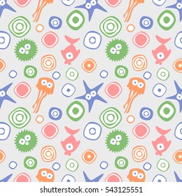 Vector seamless decorative pattern with hand drawn fish, starfish, octopus, circle, dots Endless grey background Template for wrapping, fabric, cover .