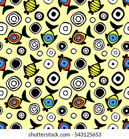 Vector seamless decorative pattern with hand drawn fish. Endless colorful background. Template for wrapping, fabric, cover..