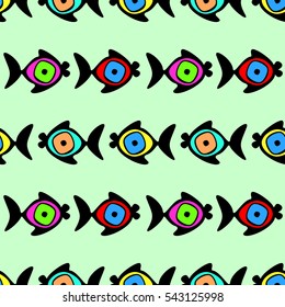 Vector seamless decorative pattern with hand drawn fish. Endless green background. Template for wrapping, fabric, cover, background. .