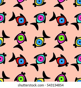 Vector seamless decorative pattern with hand drawn fish. Endless pink background. Template for wrapping, fabric, cover, background