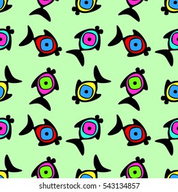 Vector seamless decorative pattern with hand drawn fish. Green colorful background. Template for wrapping, fabric, cover, background
