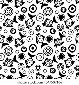 Vector seamless decorative pattern with hand drawn fish. Black and white background. Template for wrapping, fabric, cover. Series of hand drawn decorative seamless patterns..