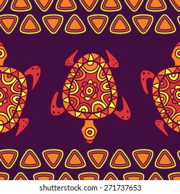 Vector seamless decorative pattern with multicolor ornamental turtles. Hand drawn tribal purple and orange background. 