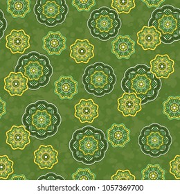 Vector seamless decorative pattern with round floral and geometric ornament. Repeating embellished tiles with mandala. Indian or Arabic motive. Boho festival style.