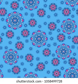Vector seamless decorative pattern with round floral and geometric ornament. Repeating embellished tiles with mandala. Indian or Arabic motive. Boho festival style.