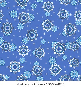 Vector seamless decorative pattern with round floral and geometric ornament. Repeating embellished tiles with mandala. Indian or Arabic motive. Boho festival style.