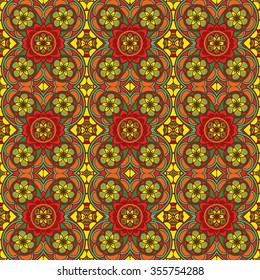 Vector seamless decorative pattern with round floral and geometric ornament. Indian endless colorful textures for wallpapers or background.
