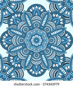 Vector seamless decorative pattern with round floral and geometric ornament. Repeating geometric tiles with mandala. Indian or Arabic motive.