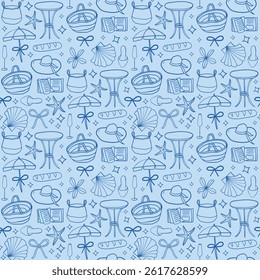 Vector seamless decorative pattern with seaside holidays elements, bows, sun umbrella, wine glass. Perfect for greeting cards, wedding or anniversary invitations, textile and other