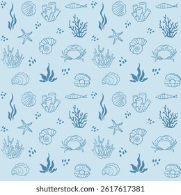 Vector seamless decorative pattern with underwater sea world elements, coral, seaweed, crab, fish, oyster, pearl. Perfect for greeting cards, wedding or anniversary invitations, textile and other