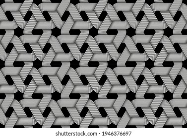 Vector seamless decorative pattern of woven hexagonal shaped metallic wires. Repeating geometric illustration.