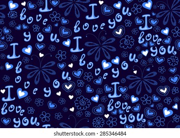 Vector seamless decorative texture with floral composition, butterflies, words of love. Endless decorative pattern. 