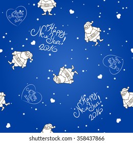 Vector seamless deep-blue background with Santa, lettering and hearts. Hand drawn doodle vector background. 