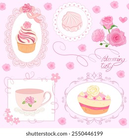 Vetor sem emenda delicado lindo padrão, papel de parede em tons de rosa: em diferentes molduras decorativas, bolo e torta com rosas feitas de creme, marshmallow, xícara de chá, rosas, inscrição florescendo sabor