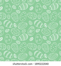 Vector seamless delicate pattern with decorative eggs. Easter holiday net green background for the site, printing on fabric, gift wrap and wallpaper.