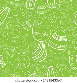 Vector seamless delicate pattern with decorative eggs. Easter holiday green
 background with a white pattern for the site, printing on fabric, gift wrapping and wallpaper. Vector
