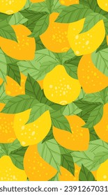 Vector seamless dense texture with yellow lemons and foliages. Flat hand drawn texture with sour fruits. Summer background for fabrics, wrapping paper and wallpaper
