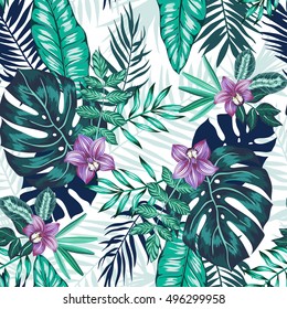 Vector Seamless Dense Tropical Leaves Pattern With Flowers. Orchid Flower, Palm Leaf, Monstera Leaves, Philodendron. Modern Summer Jungle Plants Background Allover Print