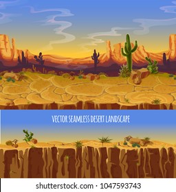 Vector seamless desert landscape. Cartoon poster, banner for game. Background, panorama with wild nature, cactus, rocks, trees, mountains sunset sky, canyon dry ground. Western scene illustration