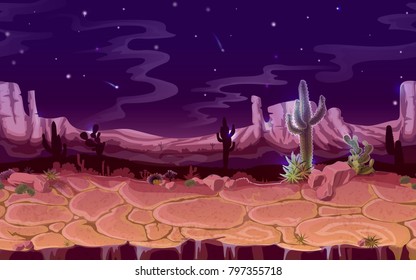 Vector seamless desert night landscape. Horizontal cartoon game, banner background, panorama with wild nature, cactus, rocks, trees, mountains sky, canyon and dry ground. Western scene illustration