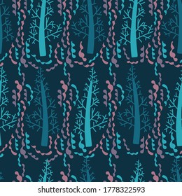 Vector seamless design of abstract gloomy emerald forest. Decorative pattern illustration of trees at night. Design is perfect for textiles, wallpaper, wrapping paper, surfaces, fabric, backgrounds.