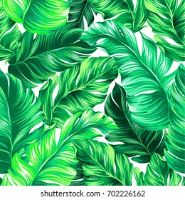 vector seamless design with beautiful tropical leaves. Exotic palms growing in vertical direction.