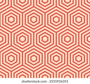 Vector seamless design. Cinnabar color on matching background. Simple stacked hexagons pattern. Large hexagons. Seamless design. Tileable vector illustration.