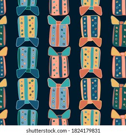 Vector seamless design colorful pattern of lined ornamental cartoon gifts on dark blue background. The design is perfect for decorations, advertisements, invitations, backgrounds, textiles