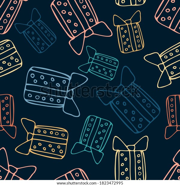 Vector\
seamless design colorful pattern of lined ornamental cartoon gifts\
on dark blue background. The design is perfect for decorations,\
advertisements, invitations, backgrounds,\
textiles